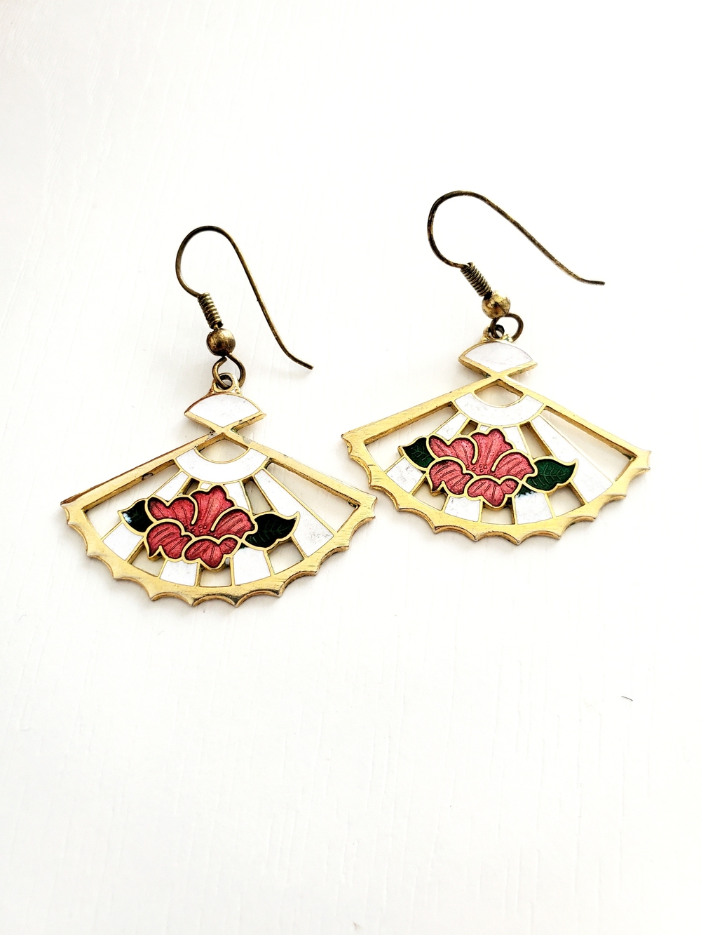Gold-Tone Fan Floral Drop Earrings - Pink & Green